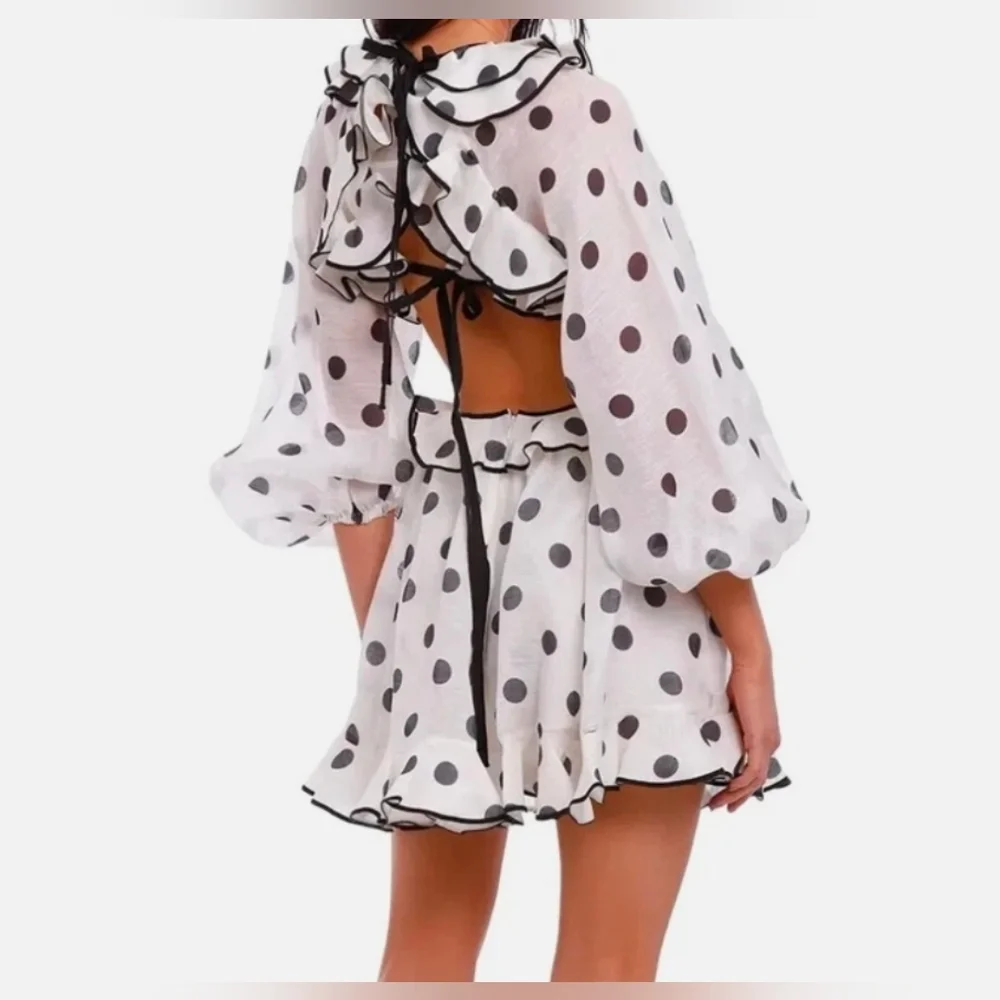 Zimmermann Lovestruck Ruffled Polka-Dot Linen-Blend Open-Back Mini Dress Size 2 - Picture 3 of 14